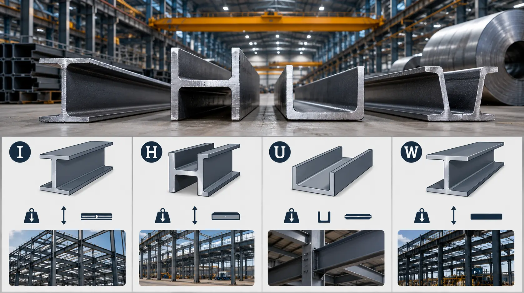 Tipos de vigas de aço: I, H, U e W na construção industrial e no setor siderúrgico
